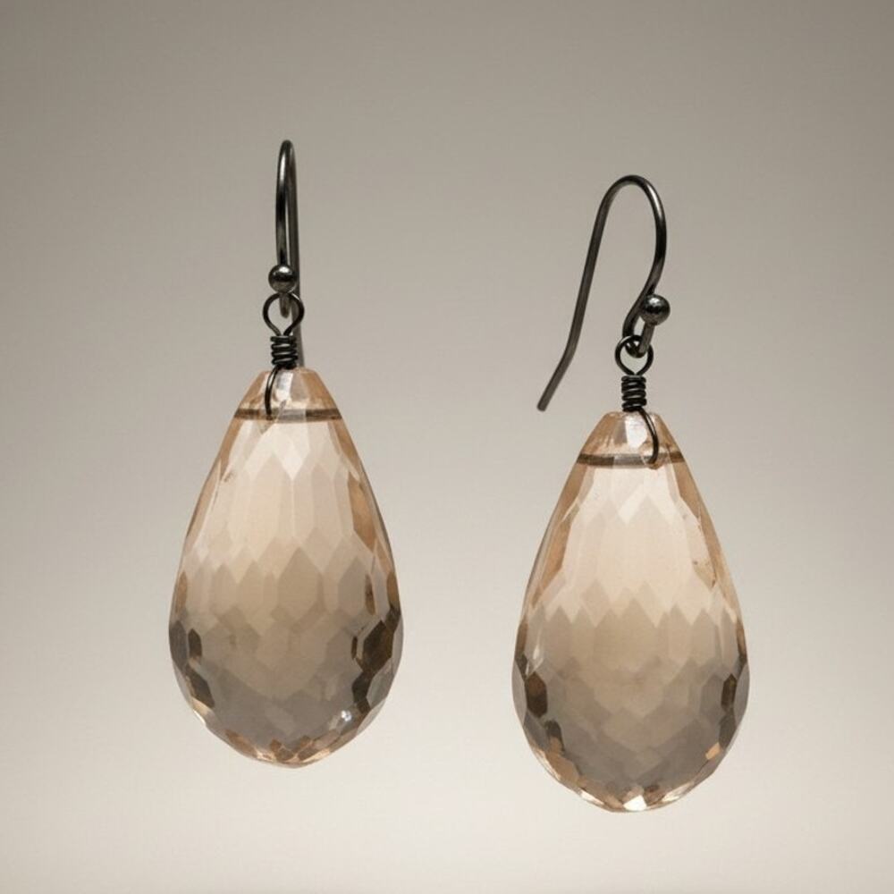 Vintage Faceted Champagne Teardrop Crystal Dangle Earrings Silver Tone Hooks Set